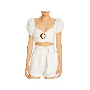 SIGNIFICANT OTHER Womens Ivory Tie Pouf Sleeve Evening Crop Top 2